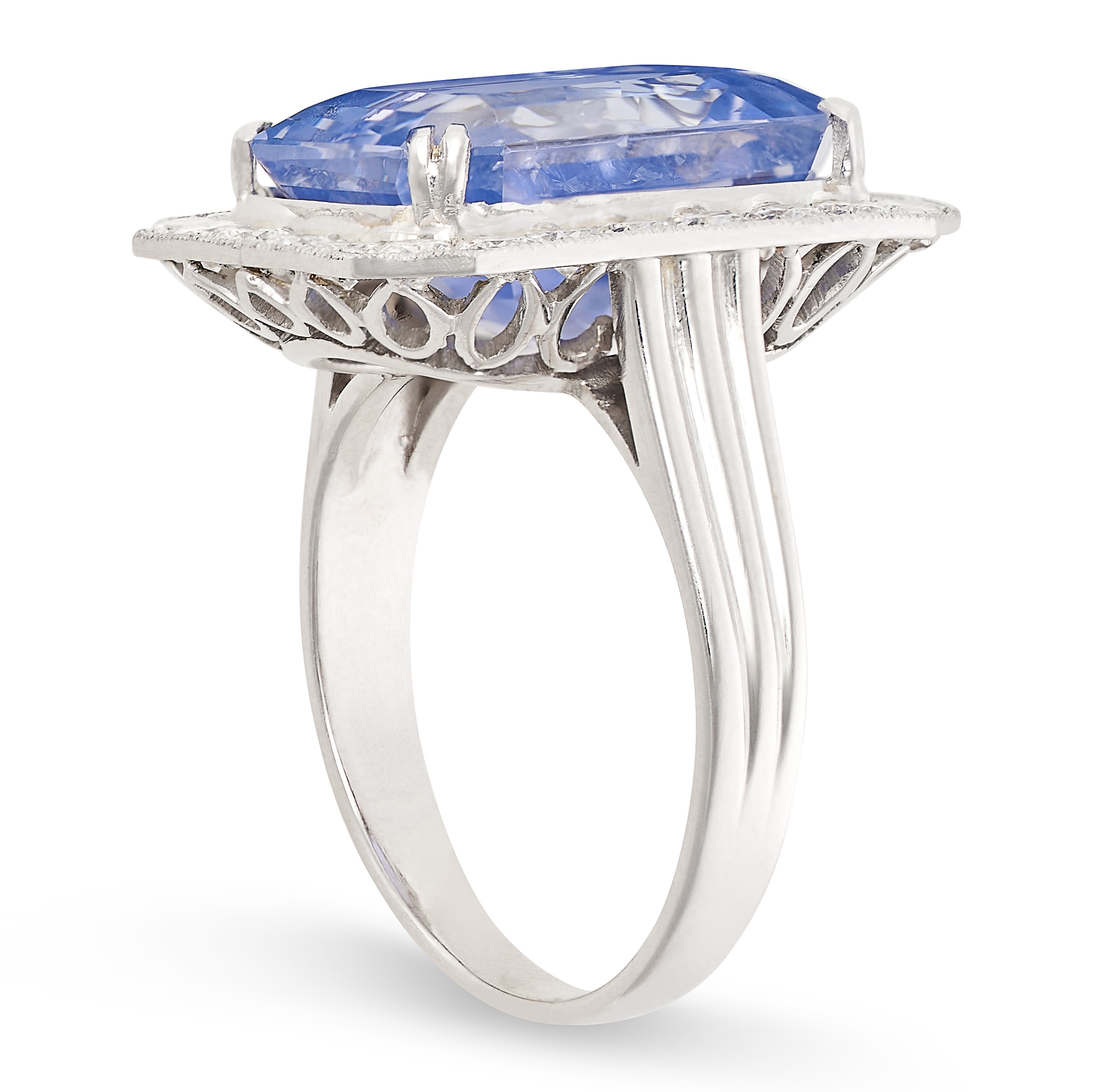 A CEYLON NO HEAT SAPPHIRE AND DIAMOND RING set with an emerald cut blue sapphire of 13.49 carats - Image 2 of 2