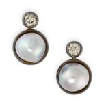 A PAIR OF PEARL AND DIAMOND EARRINGS in silver and yellow gold, each set with a pearl of 7.0mm below