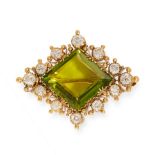 A PERIDOT AND DIAMOND BROOCH, EARLY 20TH CENTURY in yellow gold, set with a diamond shaped step