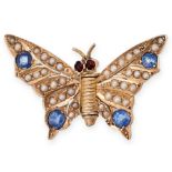 RENE BOIVIN, A SAPPHIRE, PEARL AND RUBY BUTTERFLY PIN, 1930S in 18ct yellow gold, designed as a