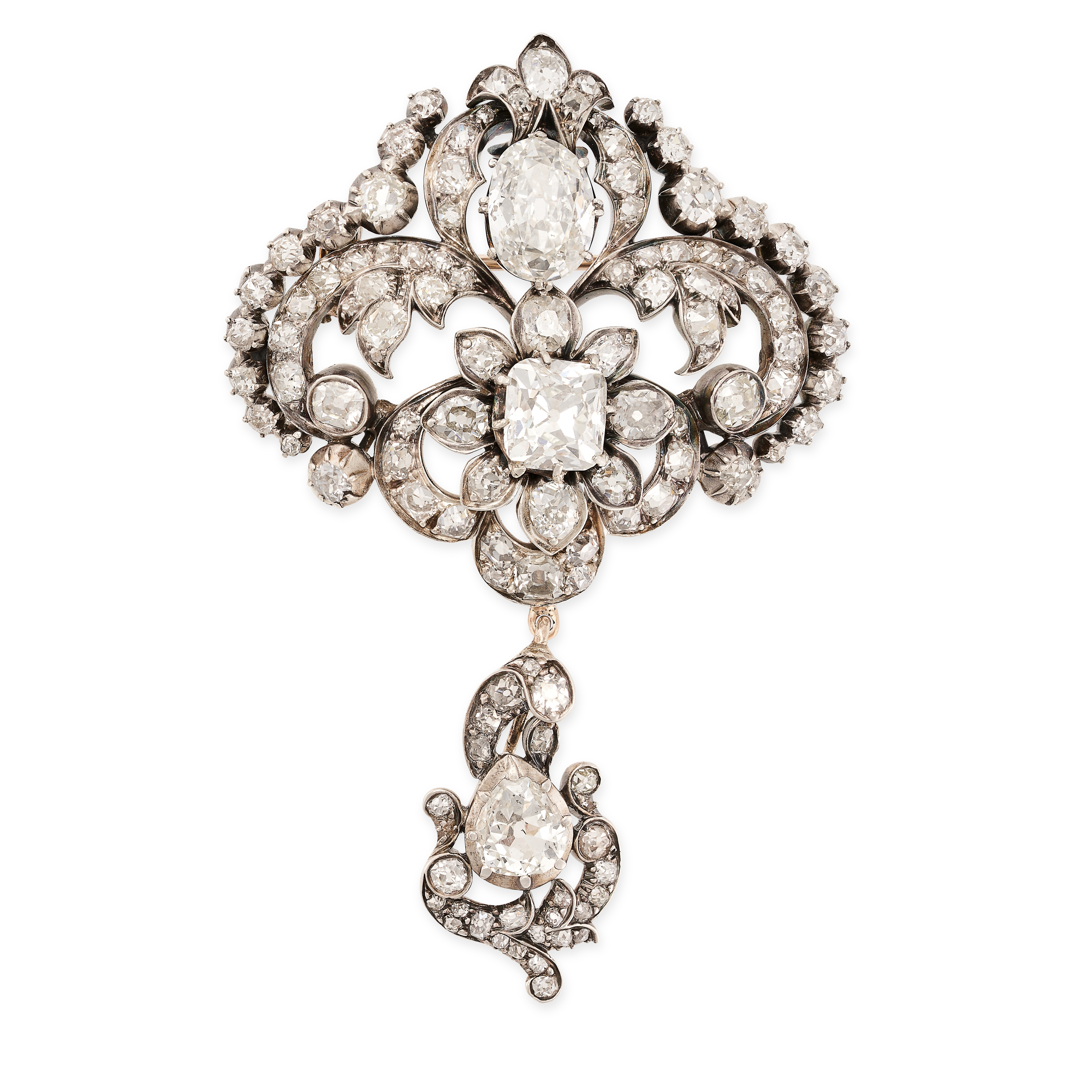 A FINE ANTIQUE DIAMOND BROOCH, 19TH CENTURY in yellow gold and silver, set with two principal oval