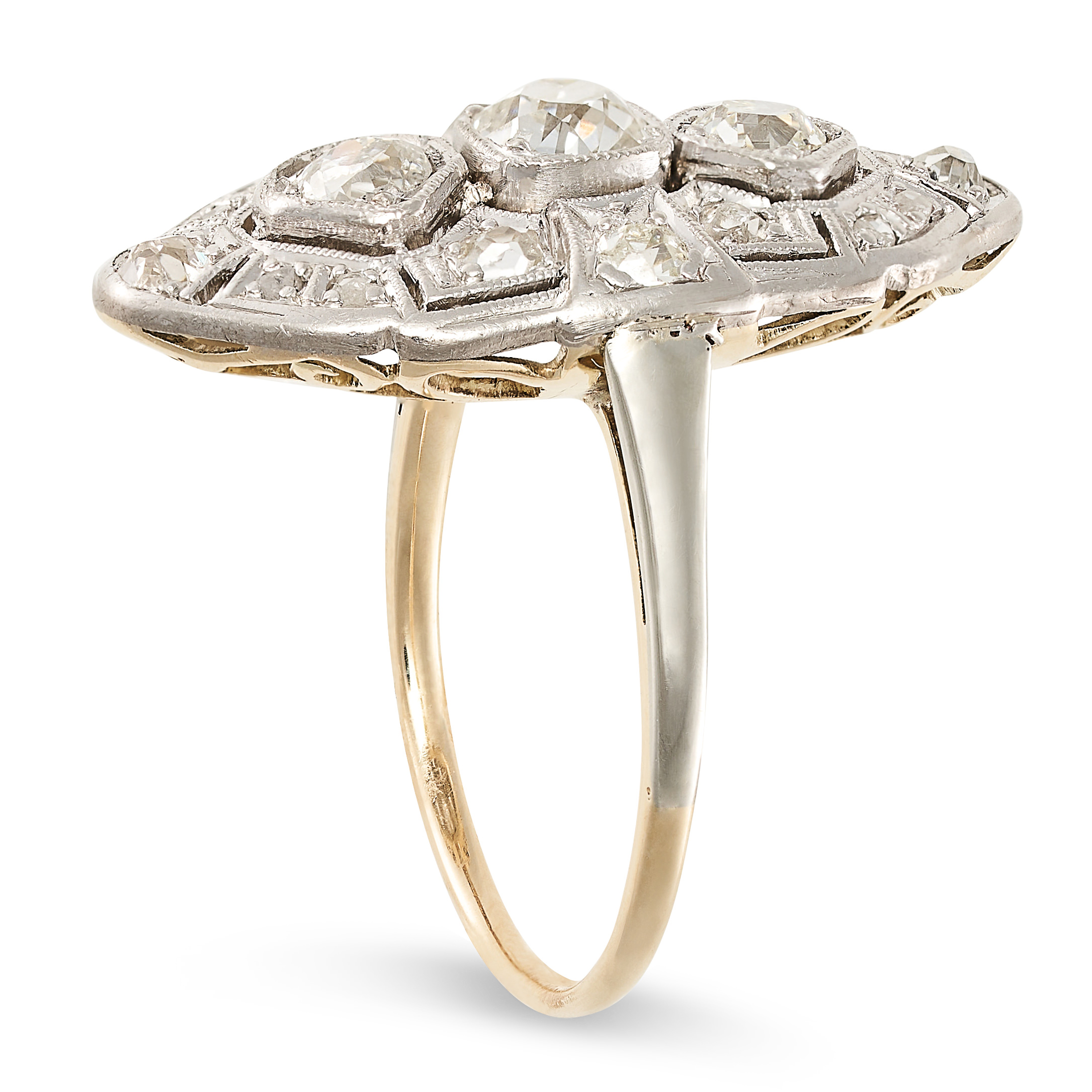 A DIAMOND PLAQUE RING, EARLY 20TH CENTURY set with three central old mine cut diamonds, accented - Image 2 of 2