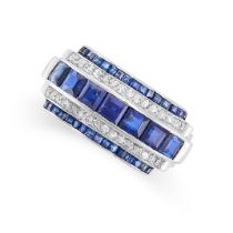 A SAPPHIRE AND DIAMOND PANEL RING in platinum, set with a central panel of step cut sapphires