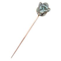 AN ANTIQUE LABRADORITE AND DIAMOND MONKEY STICK PIN in yellow gold, the labradorite carved to depict