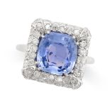 A BURMA NO HEAT SAPPHIRE AND DIAMOND RING set with a cushion cut sapphire of 4.40 carats within a