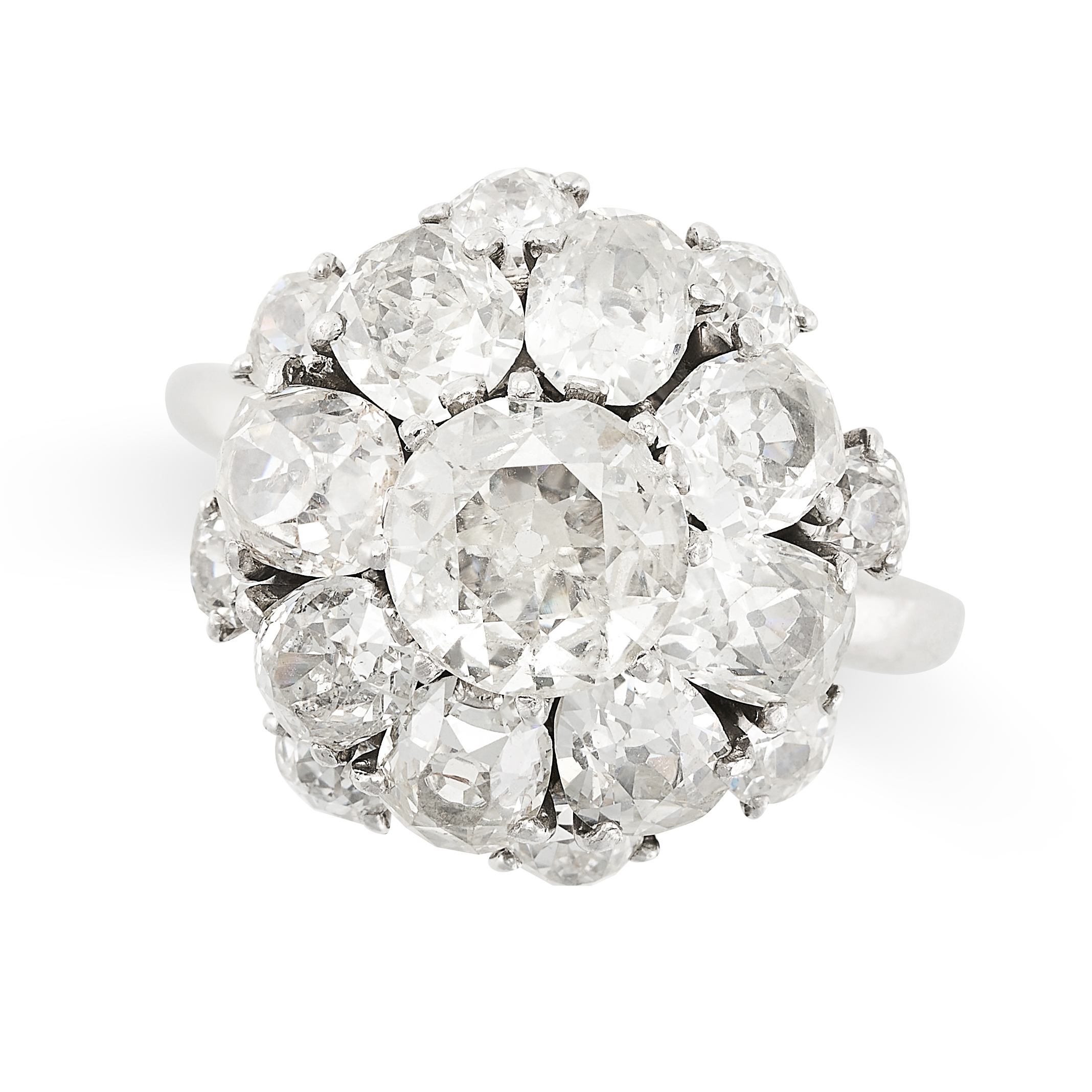 A FRENCH DIAMOND CLUSTER RING in platinum, set with a central old cut diamond of 1.10 carats, within