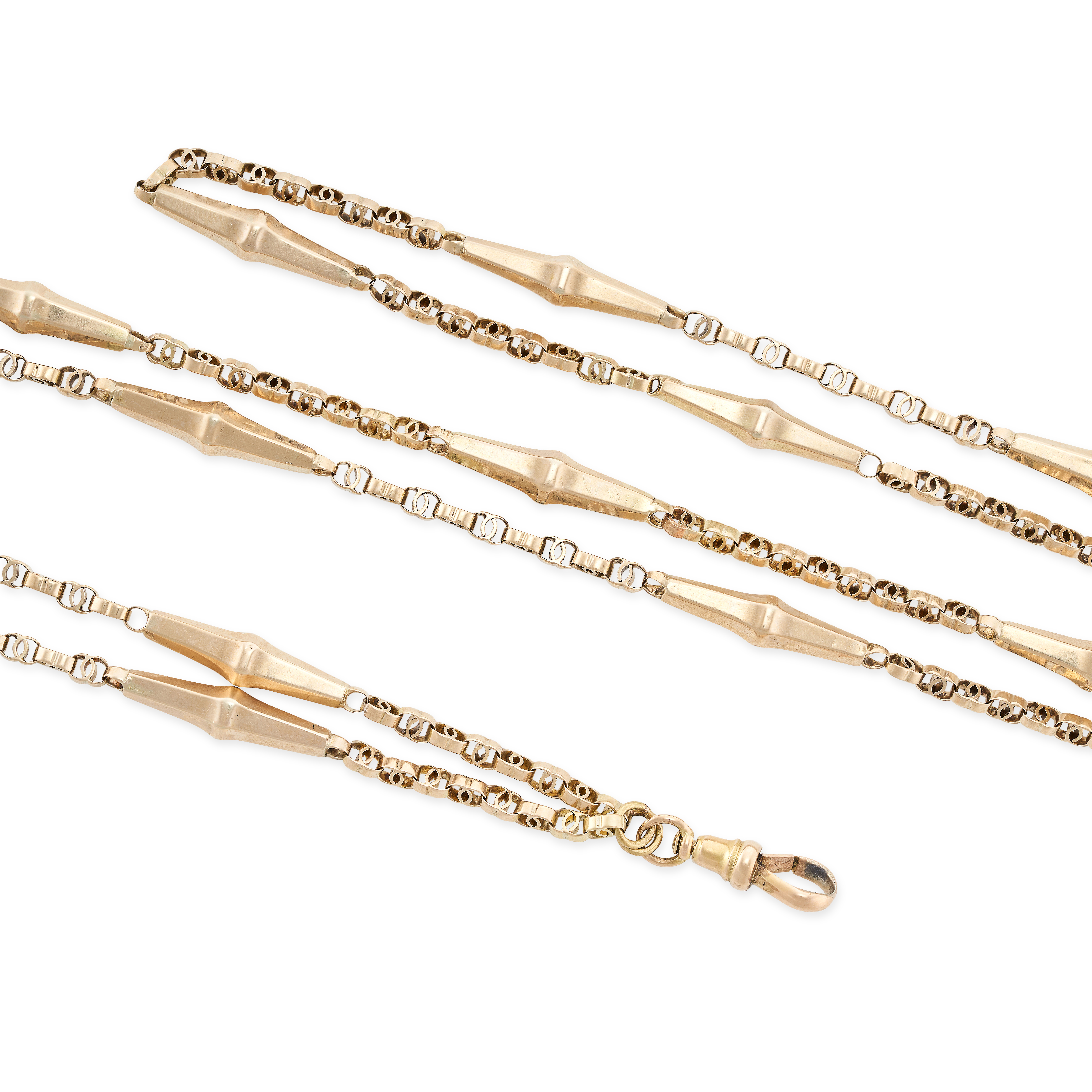AN ANTIQUE FANCY LINK GUARD CHAON in yellow gold, comprising a series of fancy and elongated