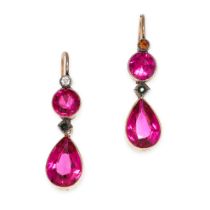A PAIR OF SYNTHETIC RUBY, GREEN PASTE AND DIAMOND DROP EARRINGS in yellow gold, each set with a pear