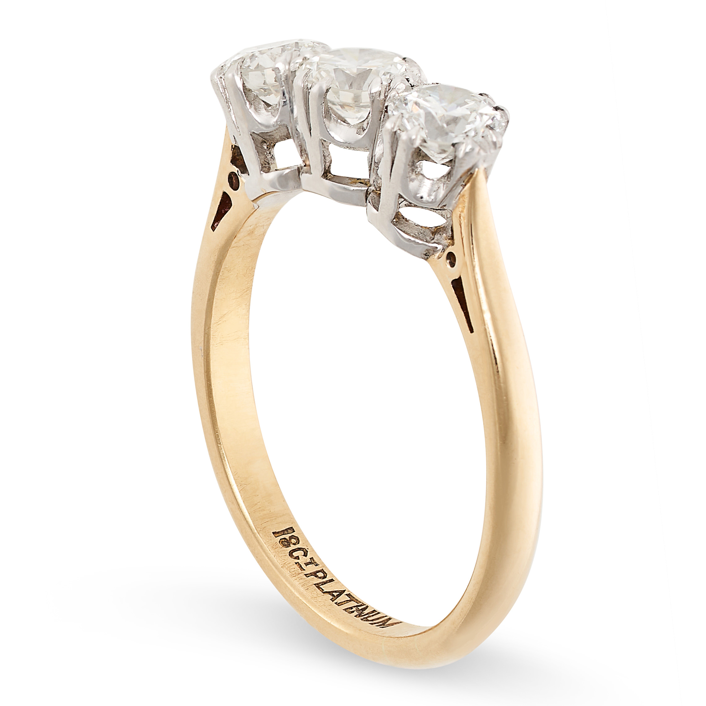 A DIAMOND THREE STONE RING in 18ct yellow gold and platinum, set with three round brilliant cut - Image 2 of 2