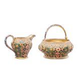 A FINE ANTIQUE IMPERIAL RUSSIAN SILVER ENAMEL SUGAR BOWL AND CREAM / MILK JUG SET, 6TH ARTEL, MOSCOW