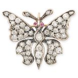 A FINE ANTIQUE DIAMOND AND RUBY BUTTERFLY BROOCH, 19TH CENTURY in yellow gold and silver, designed