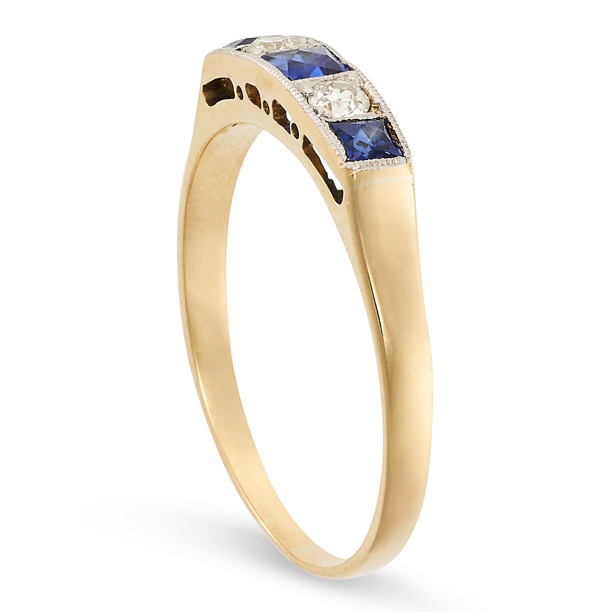 A SAPPHIRE AND DIAMOND RING in yellow gold, set with a row of alternating French cut sapphires and - Image 2 of 2