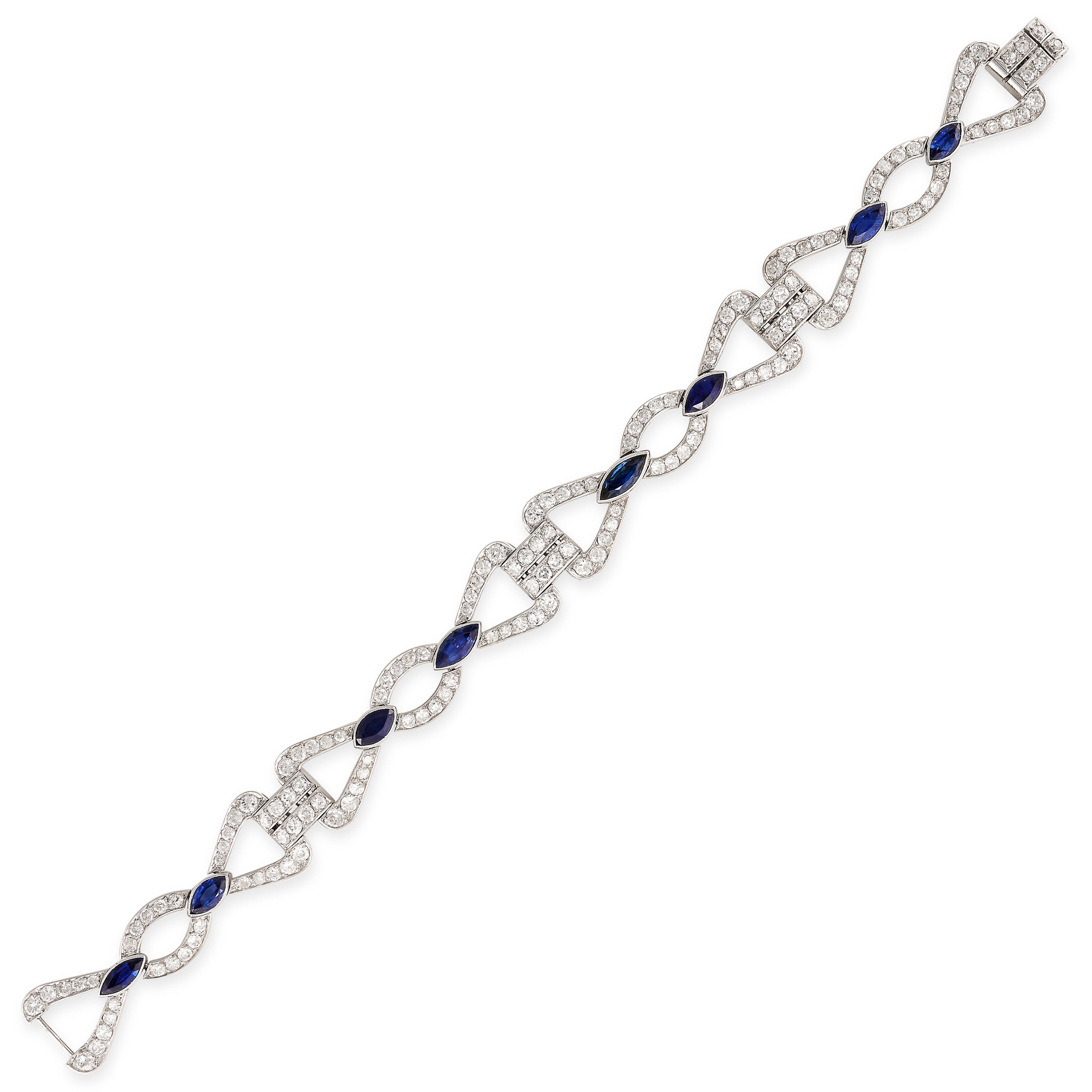 A SAPPHIRE AND DIAMOND BRACELET in platinum, the oval and triangular open links set with old and