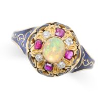 AN ANTIQUE OPAL, DIAMOND, RUBY AND ENAMEL RING, 19TH CENTURY in yellow gold, set with a cabochon