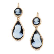 A PAIR OF ANTIQUE FRENCH CAMEO AND PEARL DROP EARRINGS in 18ct yellow gold, the articulated bodies