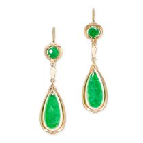 A PAIR OF VINTAGE JADEITE JADE DROP EARRINGS in yellow gold, each set with a polished circular and