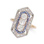 A DIAMOND AND SAPPHIRE DRESS RING, CIRCA 1950 in yellow gold and platinum, the hexagonal face set