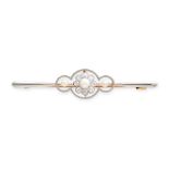 AN ART DECO PEARL AND DIAMOND BAR BROOCH in yellow gold and platinum, set with a pearl within a