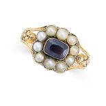 AN ANTIQUE SAPPHIRE AND PEARL RING, 19TH CENTURY in yellow gold, set with a cushion cut sapphire