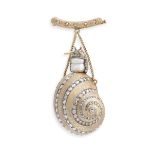 A RARE ANTIQUE PEARL AND DIAMOND SNAIL VINAIGRETTE BROOCH, 19TH CENTURY in yellow gold and silver,