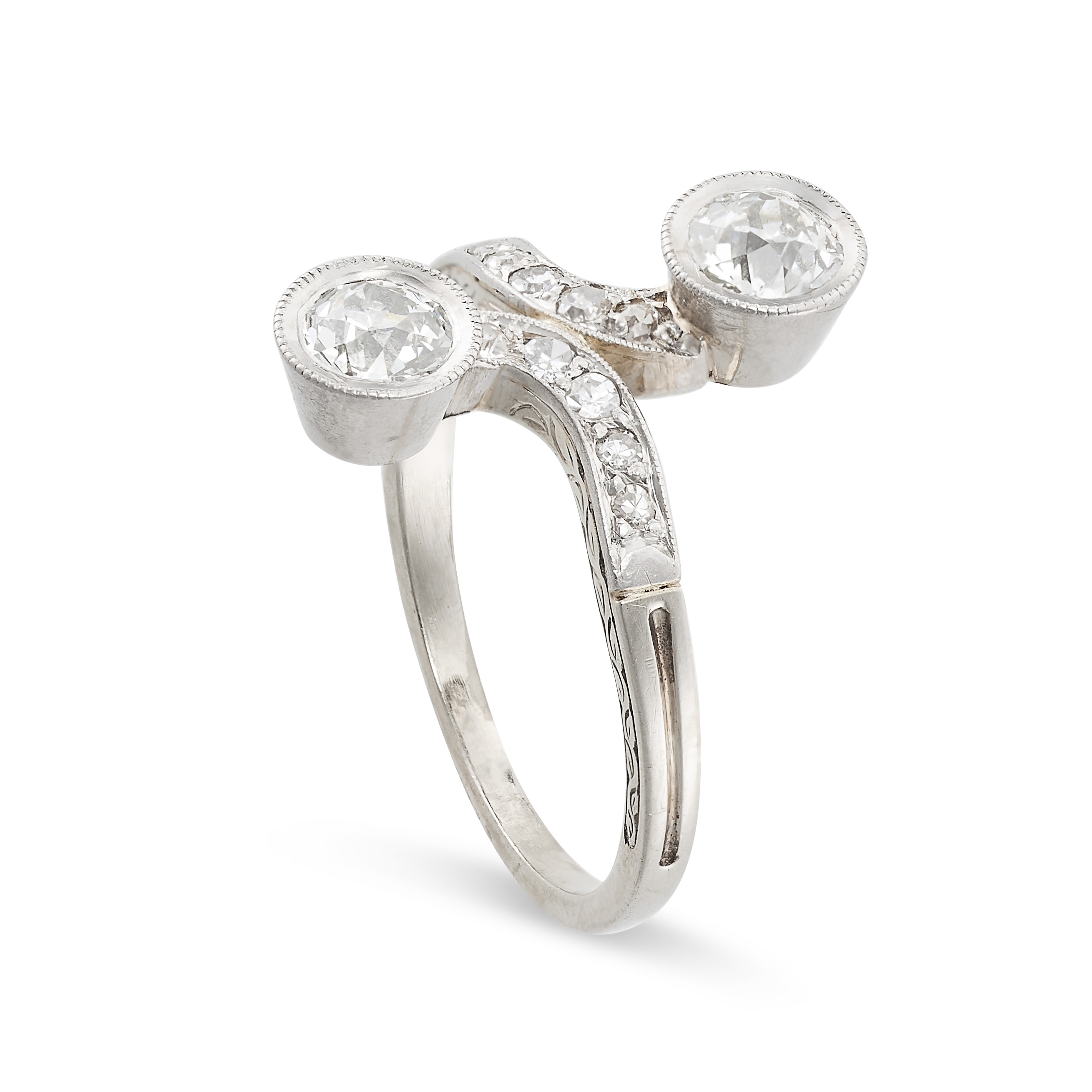 A VINTAGE DIAMOND TOI ET MOI RING in 14ct white gold, terminating with two old cut diamonds, - Image 2 of 2