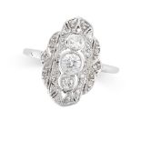 A DIAMOND DRESS RING, EARLY 20TH CENTURY set with a trio of old and single cut diamonds within a