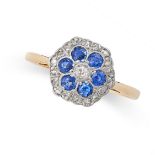 A SAPPHIRE AND DIAMOND RING in 18ct yellow gold and platinum, set with a central old cut diamond