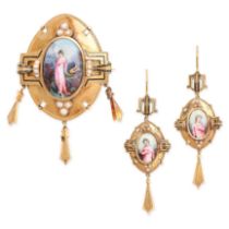 AN ANTIQUE PAINTED MINIATURE AND PEARL DEMI PARURE in yellow gold, comprising a pair of earrings and