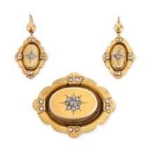 AN ANTIQUE DIAMOND AND PEARL MOURNING LOCKET BROOCH AND EARRINGS SUITE, 19TH CENTURY in yellow gold,