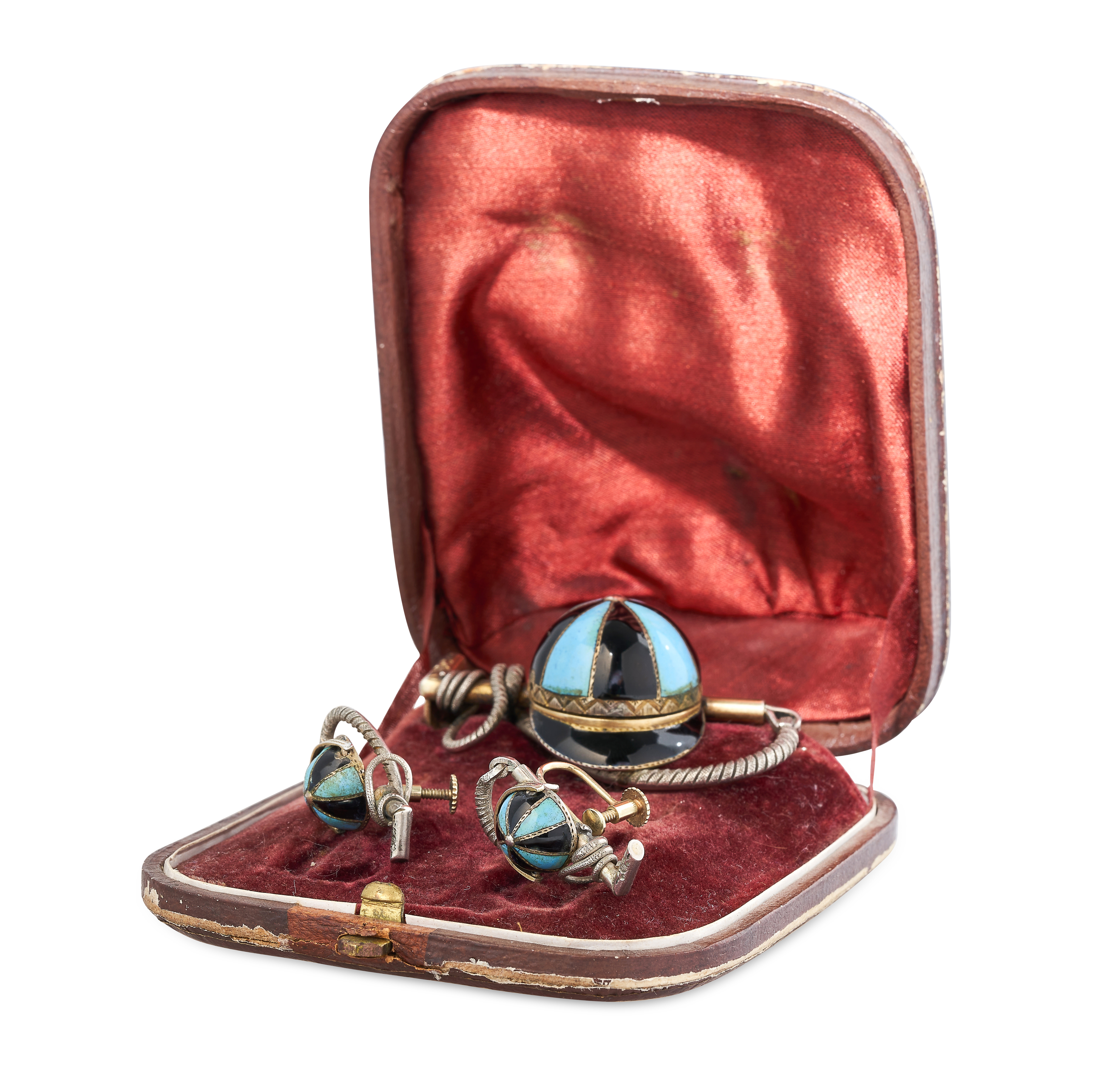 AN ANTIQUE ENAMEL JOCKEY'S CAP BROOCH AND EARRINGS SUITE in silver and yellow gold, each designed to - Image 2 of 2