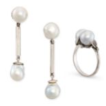 A PAIR OF PEARL EARRINGS AND A PEARL RING the earrings set with a pearl suspending a bar and a pearl