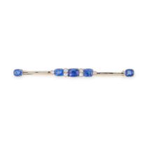 A SAPPHIRE AND DIAMOND BAR BROOCH, EARLY 20TH CENTURY set with five cushion cut sapphires,