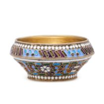 AN ANTIQUE IMPERIAL RUSSIAN SILVER ENAMEL SALT CELLAR, GRIGORY SBITNEV, MOSCOW 1908-1917 in 84