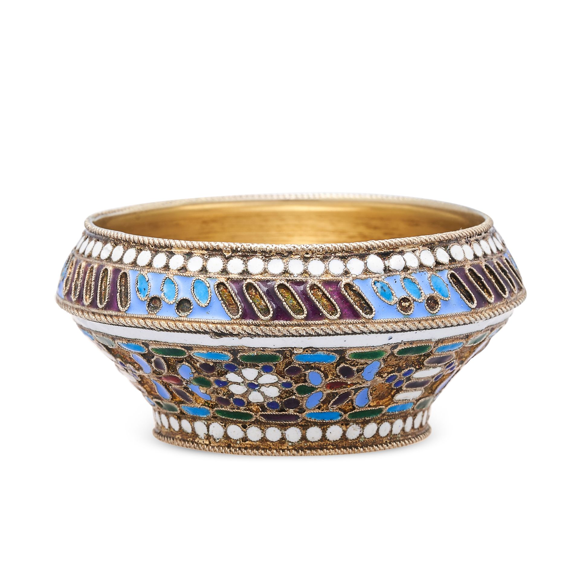 AN ANTIQUE IMPERIAL RUSSIAN SILVER ENAMEL SALT CELLAR, GRIGORY SBITNEV, MOSCOW 1908-1917 in 84