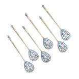 A SET OF SIX ANTIQUE IMPERIAL RUSSIAN SILVER ENAMEL TEA SPOONS, IVAN YASHIN, MOSCOW 1898-1908 in