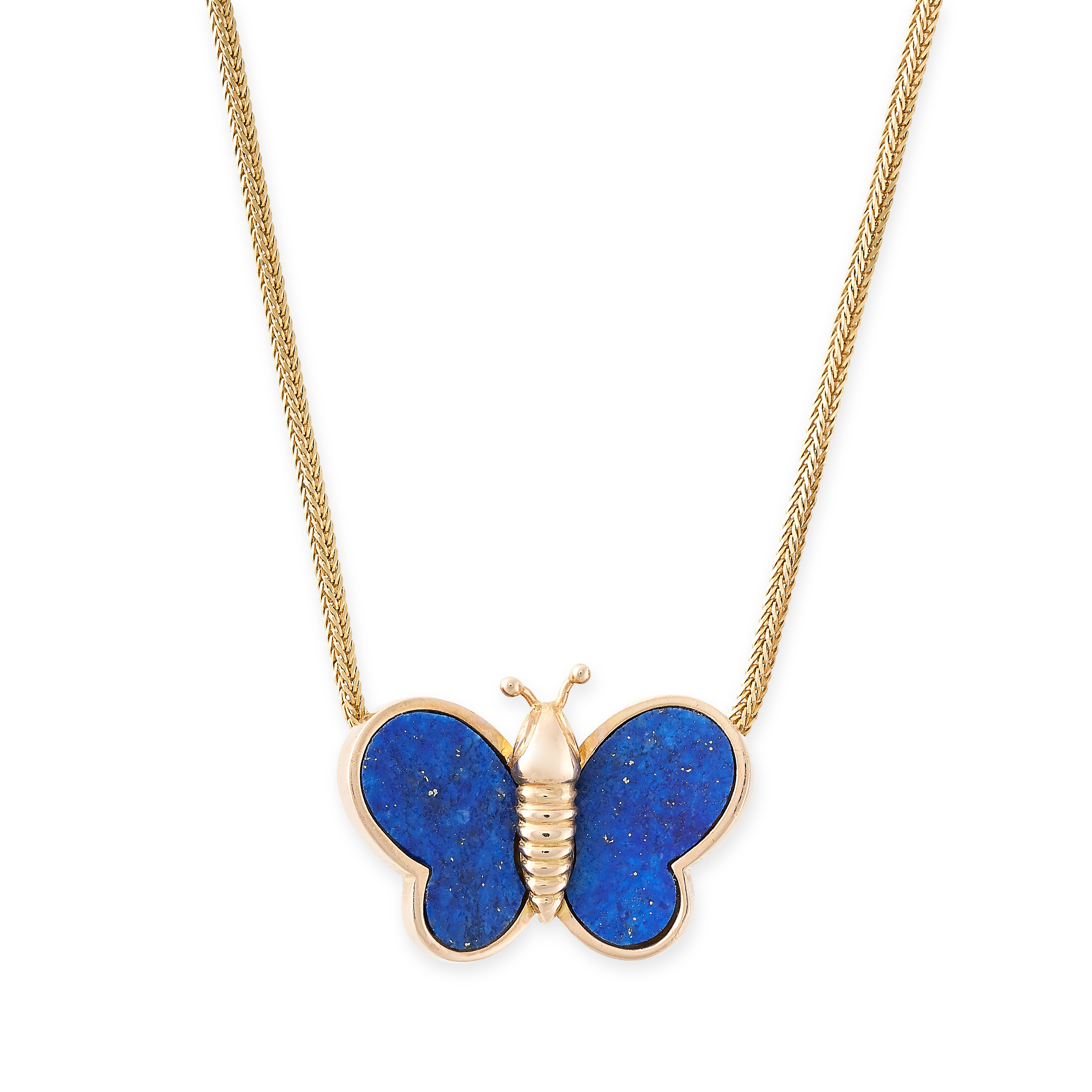 A LAPIS LAZULI BUTTERFLY PENDANT NECKLACE in yellow gold, in the form of a butterfly with lapis