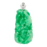 A CARVED JADEITE JADE AND DIAMOND PENDANT in 18ct white gold, the body formed of a single piece of