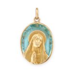 AN AQUAMARINE VIRGIN MARY PENDANT in yellow gold, comprising a faceted aquamarine with an applied