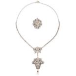 CARLO GIULIANO, AN EXCEPTIONAL ANTIQUE DIAMOND, PEARL AND ENAMEL PENDANT NECKLACE AND BROOCH