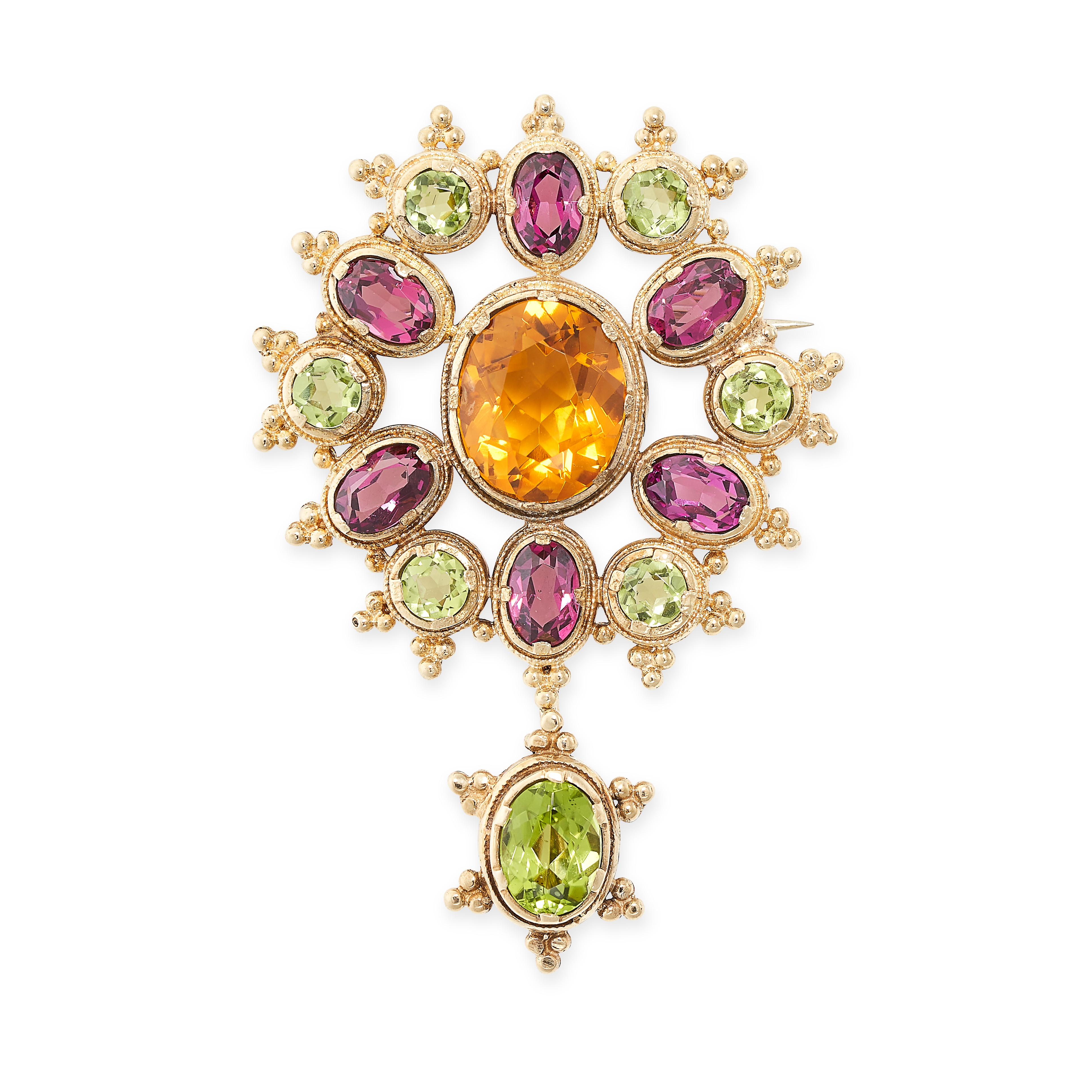 AN ANTIQUE ZIRCON, PERIDOT AND GARNET BROOCH / PENDANT in yellow gold, set with a central oval cut