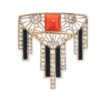 A FINE ART DECO CORAL, DIAMOND AND ONYX BROOCH in 14ct yellow gold, set with a sugarloaf cabochon