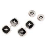 AN ONYX GENTLEMAN'S DRESS SET in 9ct white gold, comprising a pair of cufflinks and a pair of studs,