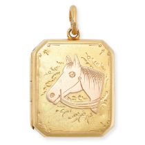 AN ANTIQUE VICTORIAN MOURNING LOCKET, 1890 in 15ct yellow gold, the octagonal locket with a horse