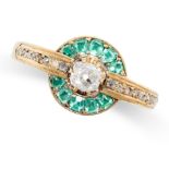 AN ANTIQUE DIAMOND AND EMERALD RING, 19TH CENTURY in yellow gold, set with a central old cut diamond