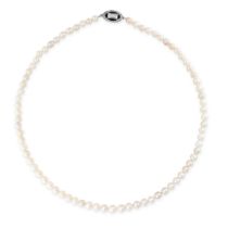 A FINE NATURAL PEARL, DIAMOND AND ONYX NECKLACE comprising a single row of pearls ranging from 4.0-