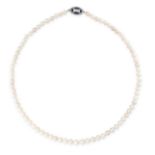 A FINE NATURAL PEARL, DIAMOND AND ONYX NECKLACE comprising a single row of pearls ranging from 4.0-