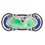 GEORGES FOUQUET, A FINE ART DECO JADEITE JADE, LAPIS LAZULI, DIAMOND AND BLACK LACQUER BROOCH in