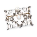 A FINE ANTIQUE AUSTRIAN ENAMEL, PEARL AND DIAMOND BROOCH in yellow gold, of rectangular design,