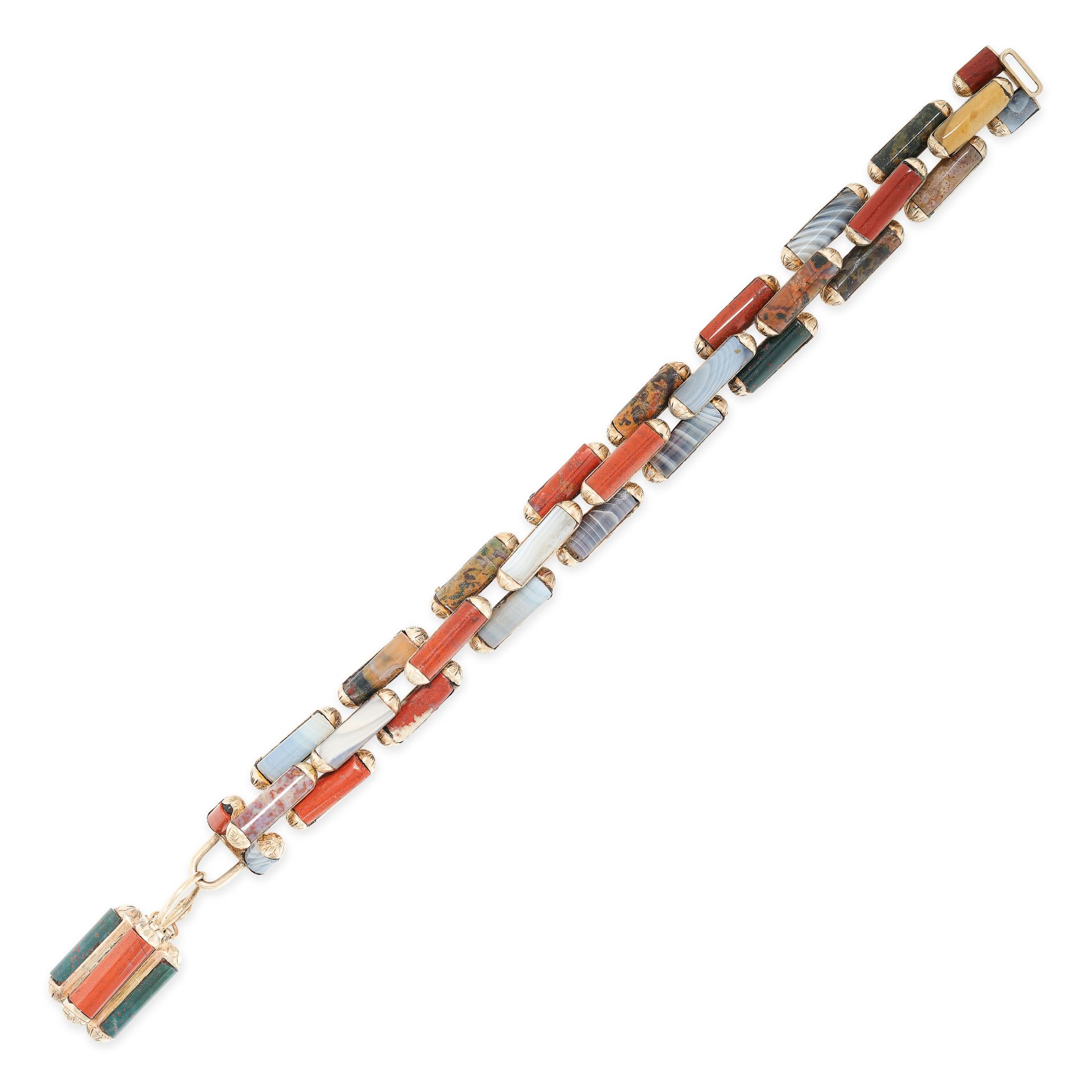 AN ANTIQUE VICTORIAN SCOTTISH HARDSTONE BRACELET in yellow gold, comprising a series of baton shaped