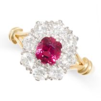 AN UNHEATED RUBY AND DIAMOND CLUSTER RING in 18ct yellow gold and platinum, set with a cushion cut